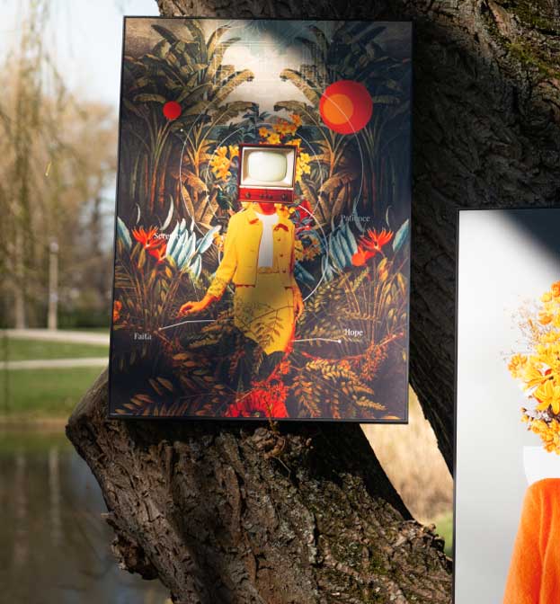 Dois quadros surrealistas pendurados numa árvore no parque – à esquerda: figura com televisão como cabeça num cenário tropical, à direita: retrato com flores amarelas em vez de rosto